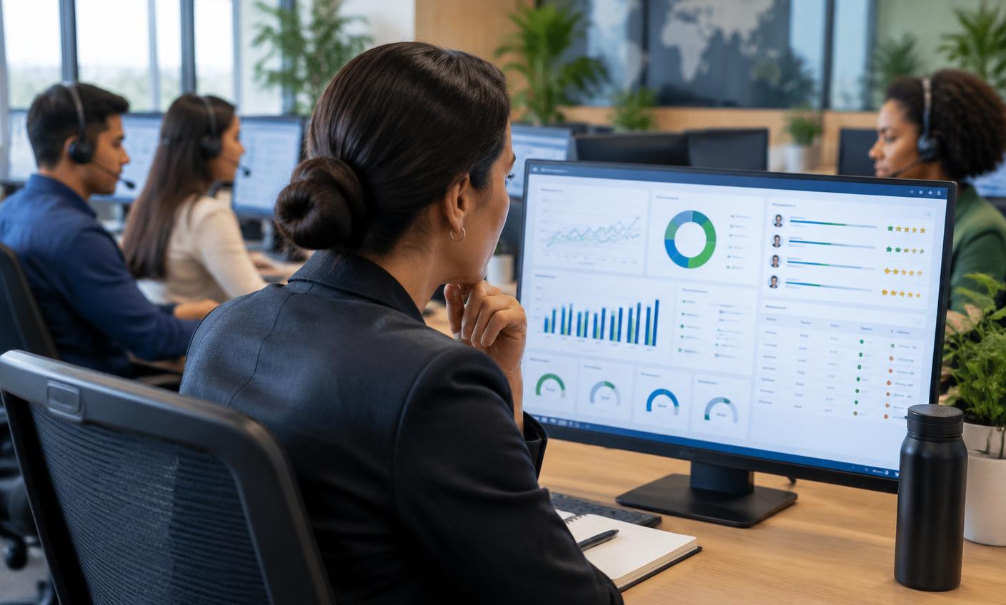 Support operations manager reviewing customer service KPI dashboards